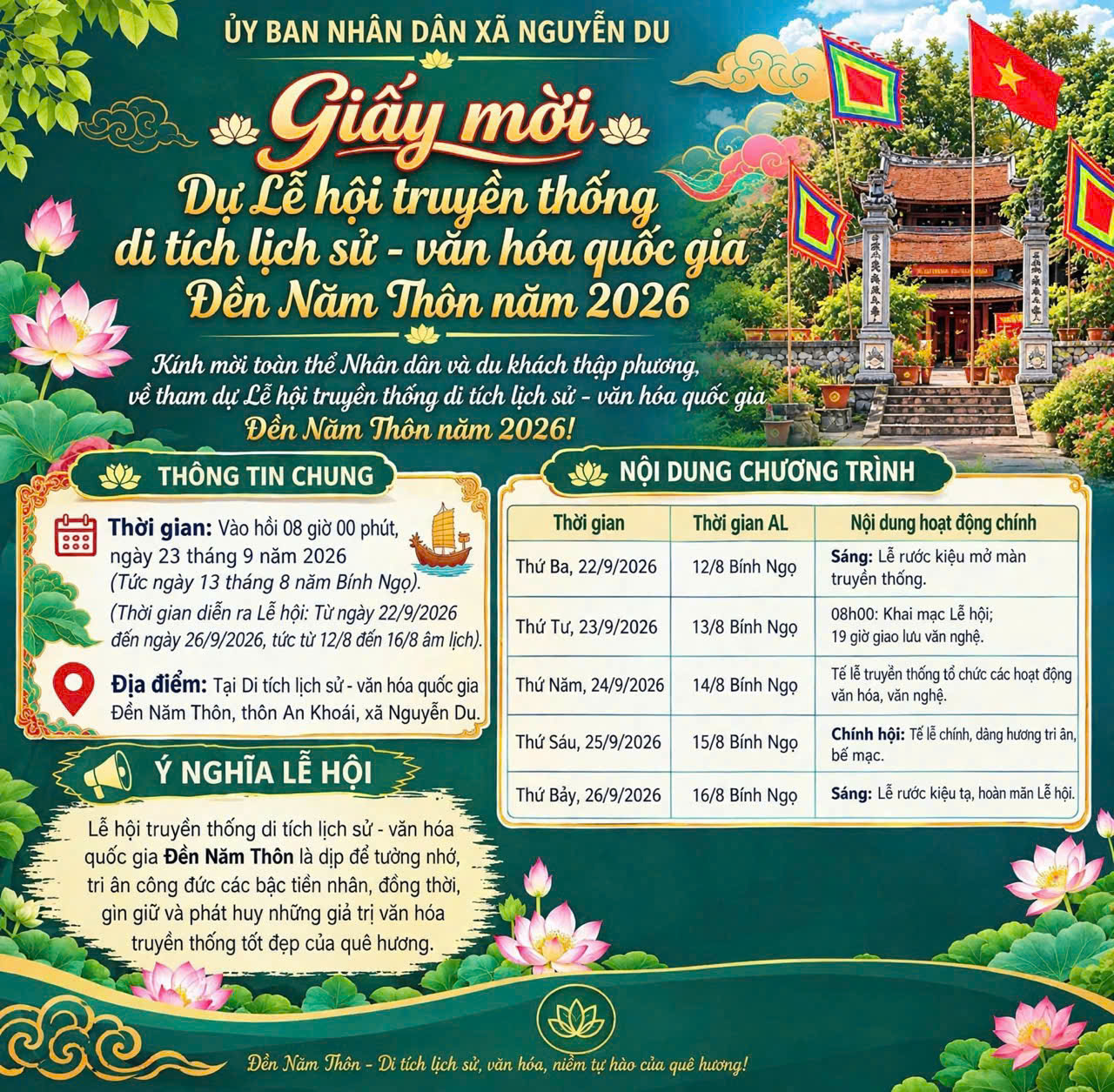 GIẤY MỜI DỰ LỄ HỘI TRUYỀN THỐNG DI TÍCH LỊCH SỬ - VĂN HÓA QUỐC GIA ĐỀN NĂM THÔN NĂM 2026.